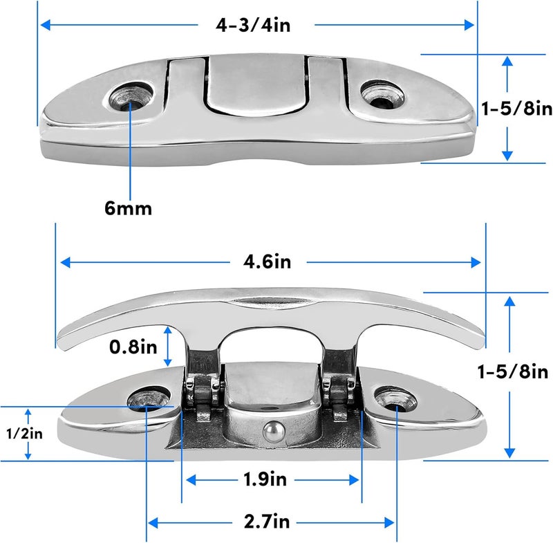 VEITHI 316 Stainless Steel Boat Folding Cleats 4-3/4 inch and 6 inch (2 Size), Flip up Dock Cleat for Deck and Boat, Boat Cleat Rope Cleat Dock Cleats Folding Cleats with Fasteners (2 Pack,4 Pack) - Image 3